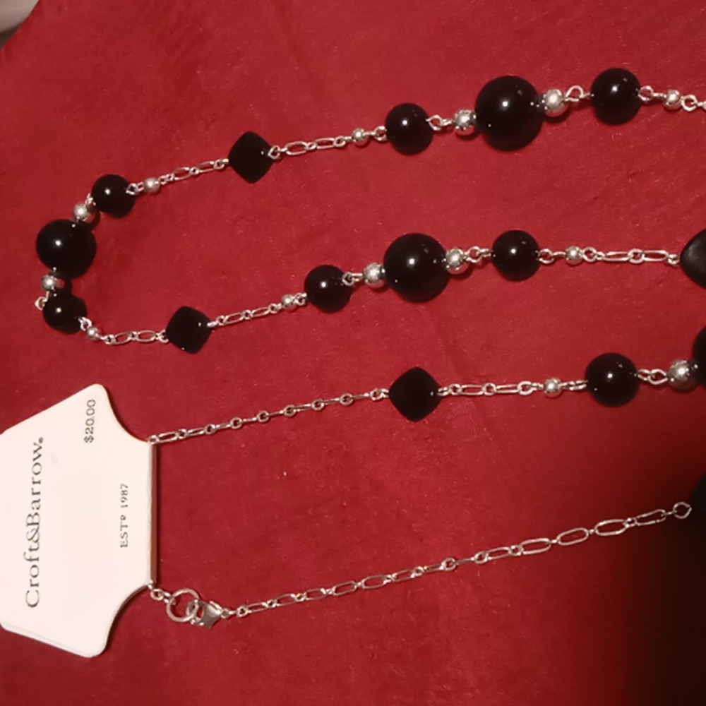 Croft & Barrow silver tone links with silver & black acrylic beads long necklace
